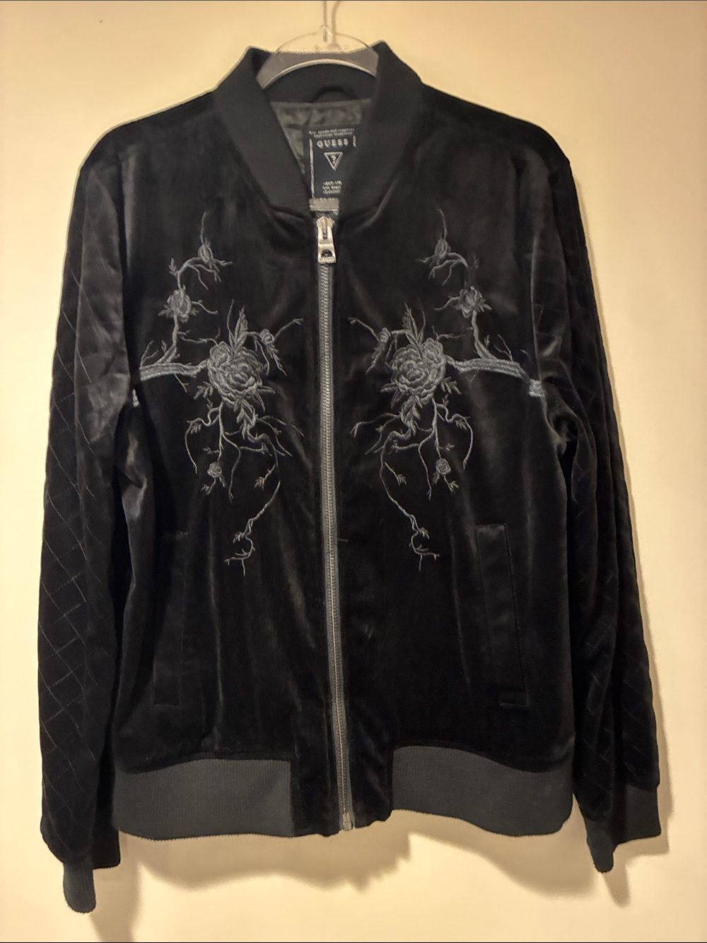 GUESS Baddie Black Velvet Embroidered Bomber Jacket with Floral Motif Sz L